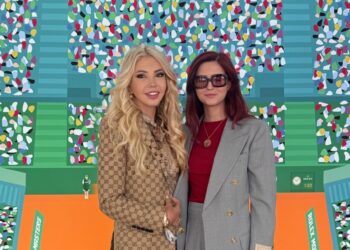 Lady Monika Bacardi and a guest posing at the Monte-Carlo Masters 2026 tennis event, showcasing elegance and style in a vibrant setting with sponsor logos including Rolex and Zegg & Cerlati.